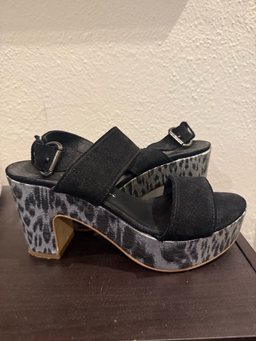 Size 38 Black Suede Platform Sandals with Leopard Print Heel